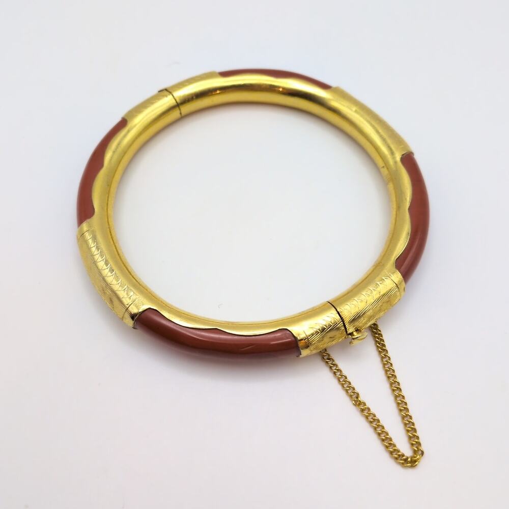Vintage Gold Tone Bangle Red Gemstone Etched Hinge Bangle Bracelet 7.75in
